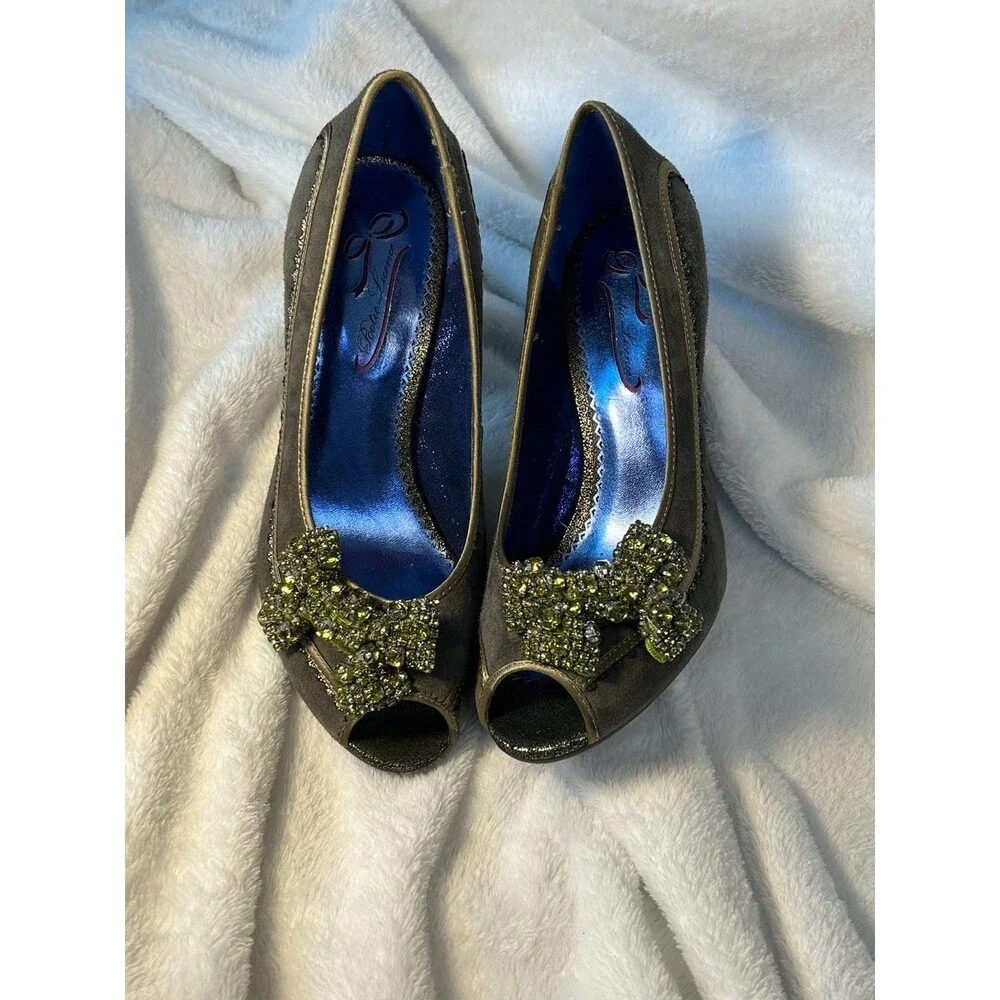 New Poetic License London Suede Peep Toe Pumps with Rhinestone Bow Embellishment